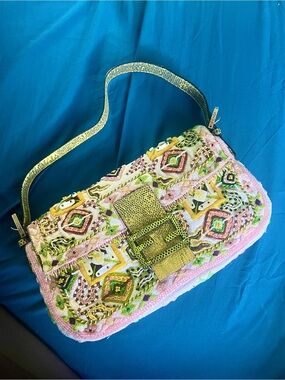 Fendi lizard skin Embellished Pink Beaded Shoulder Bag vintage